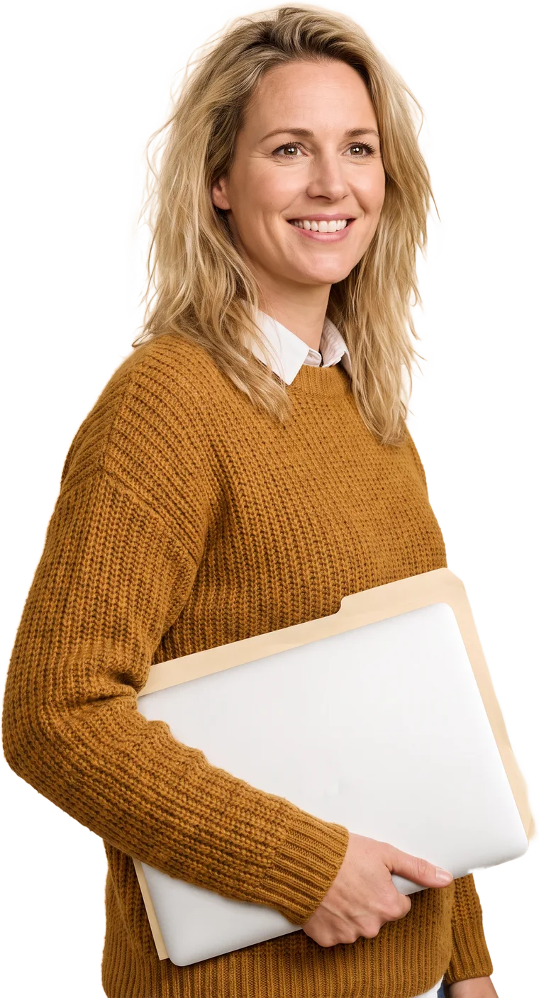 Zelfstandig professional met laptop en map onder de arm
