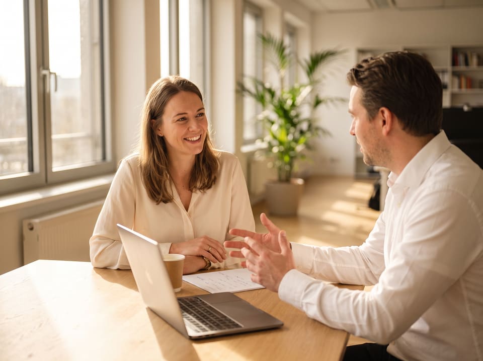 Twee mensen in gesprek aan een lichte tafel
